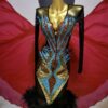Black and turquoise Latin and Rhythm dance dress with multi-color crystals and feathers