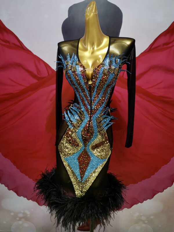 Black and turquoise Latin and Rhythm dance dress with multi-color crystals and feathers