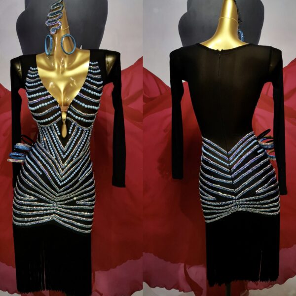 Black Latin and Rhythm dance dress with multi-color pearls and fringe - Image 3