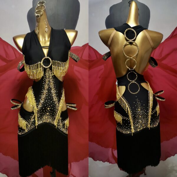 Black and golden Latin and Rhythm dance dress with cut-out, beaded fringe and crystals - Image 3