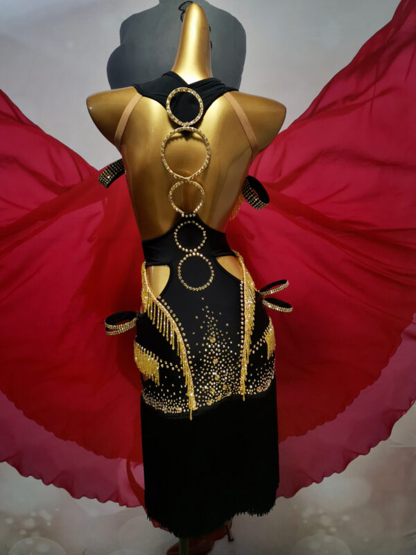 Black and golden Latin and Rhythm dance dress with cut-out, beaded fringe and crystals - Image 2