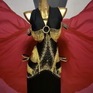 Black and golden Latin and Rhythm dance dress with cut-out, beaded fringe and crystals