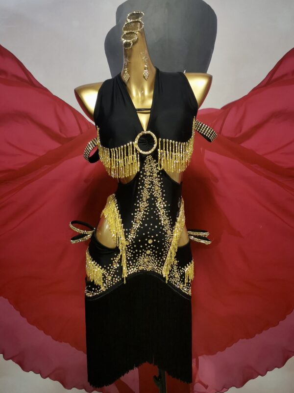 Black and golden Latin and Rhythm dance dress with cut-out, beaded fringe and crystals