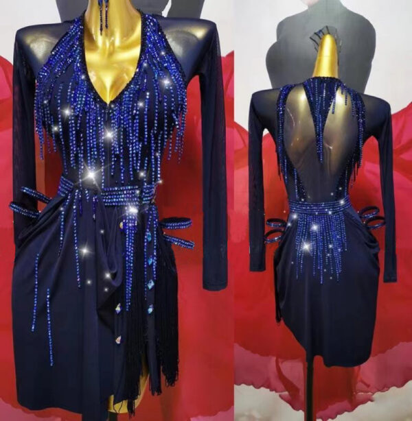 Dark blue Latin and Rhythm dance dress with stoned fringe