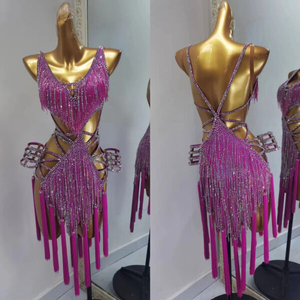 Fushia pink Latin dance dress with stoned fringe, tassels, and crystals - Image 3