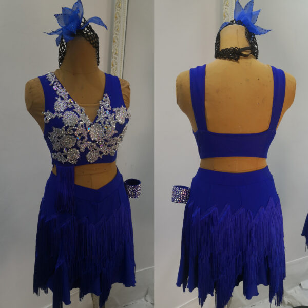 Two pieces blue Latin and Rhythm dance dress with fringe and stoned lace - Image 3