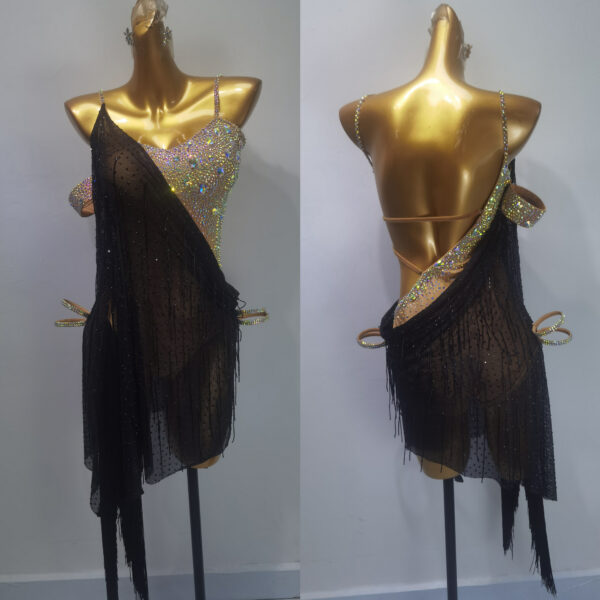 Black Latin and Rhythm dance dress with nude base, fringe and crystals - Image 3