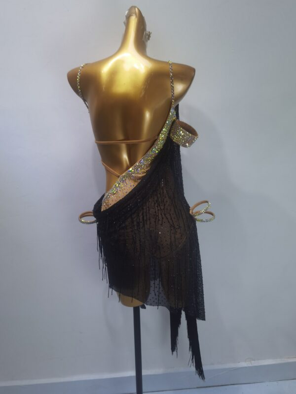 Black Latin and Rhythm dance dress with nude base, fringe and crystals - Image 2