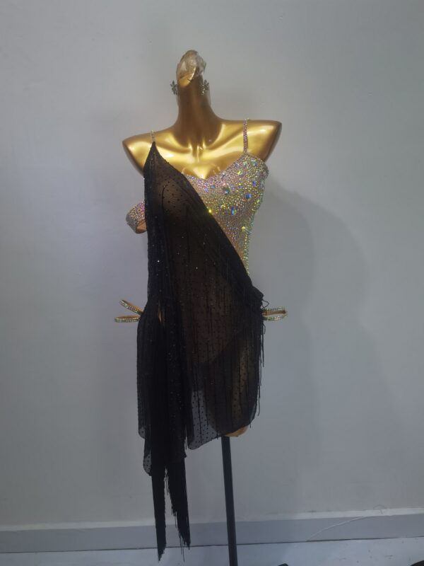 Black Latin and Rhythm dance dress with nude base, fringe and crystals