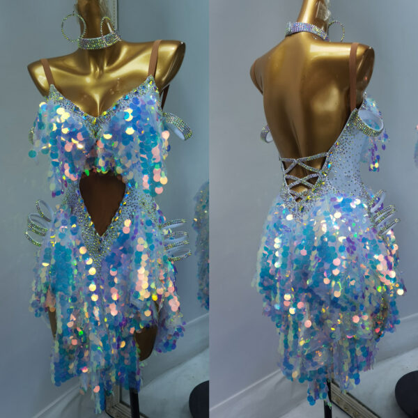 White Latin and Rhythm dance dress with sequins and crystals - Image 3