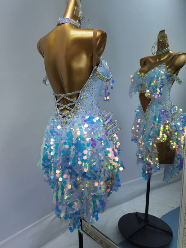 White Latin and Rhythm dance dress with sequins and crystals - Image 2