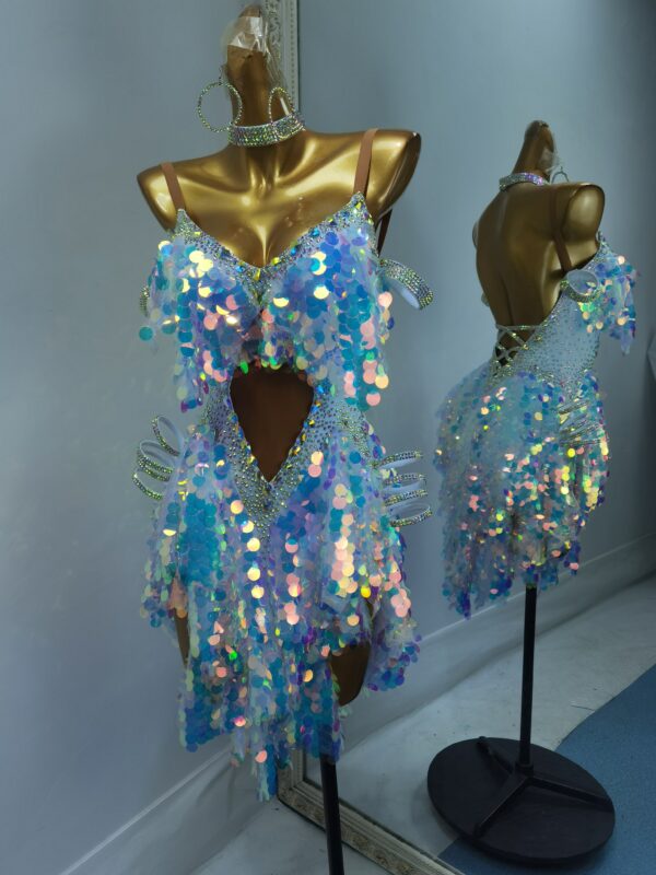 White Latin and Rhythm dance dress with sequins and crystals