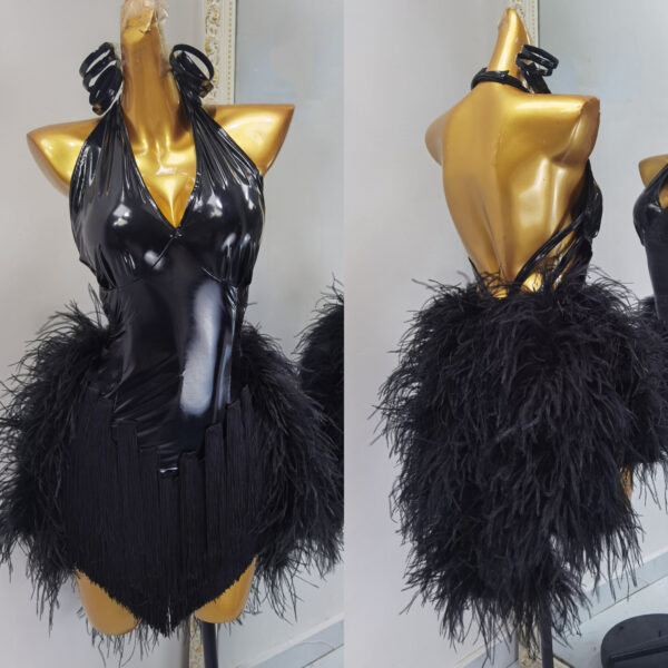 Black Latin and Rhythm dance dress with leather style fabric and feathers - Image 3