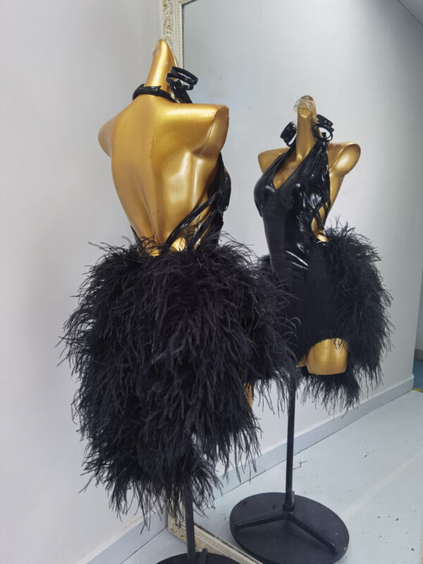 Black Latin and Rhythm dance dress with leather style fabric and feathers - Image 2