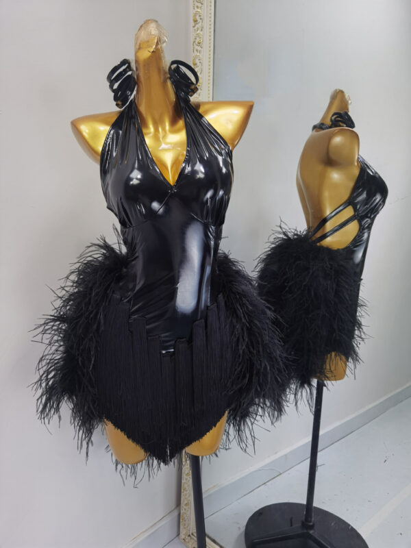 Black Latin and Rhythm dance dress with leather style fabric and feathers