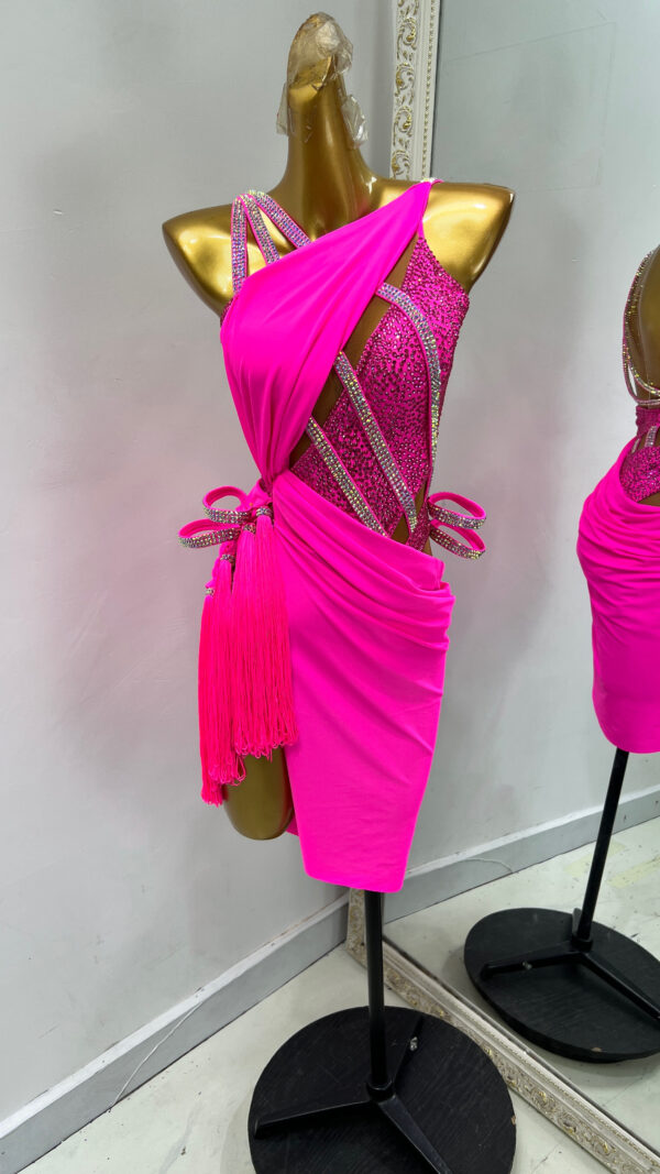 Fuchsia pink Latin and Rhythm dance dress with tassels and slit