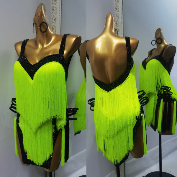 Neon green Latin and Rhythm  dance dress with fringe and slits - Image 3