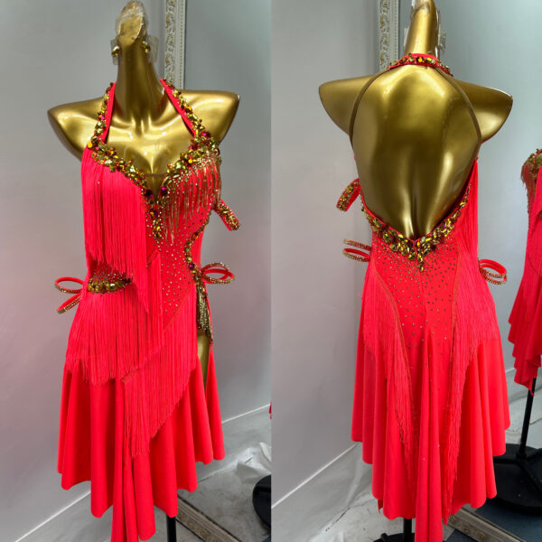 Neon pink Latin and Rhythm dance dress with fringe, flared skirt and crystals - Image 3