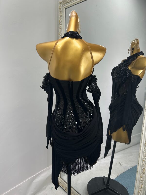 Black Latin and Rhythm dance dress with fringe, crystals and gloves - Image 2