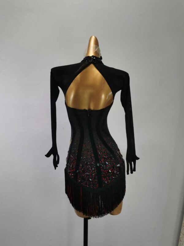 Black Latin and Rhythm dance dress with black and red fringe, black and red crystals and gloves - Image 2