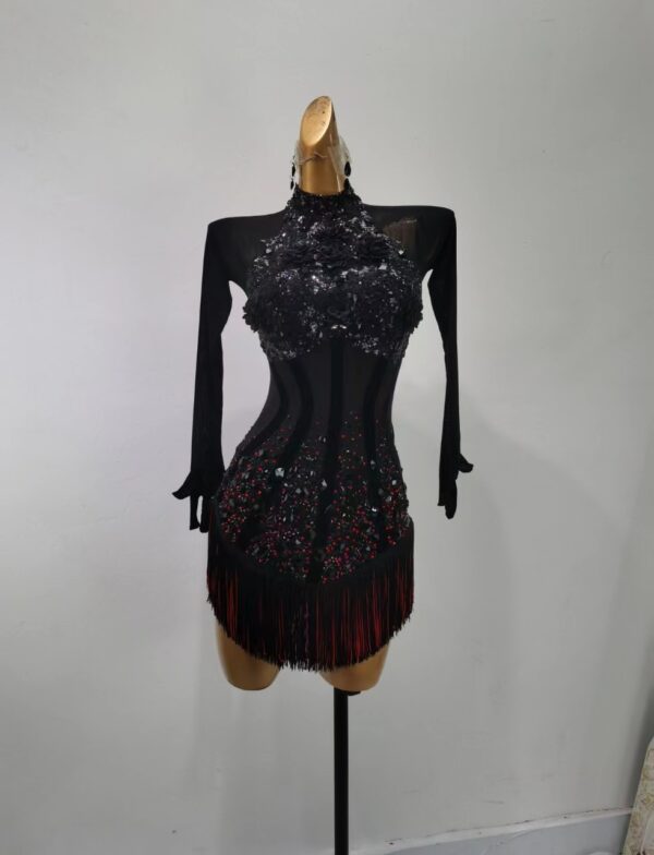 Black Latin and Rhythm dance dress with black and red fringe, black and red crystals and gloves