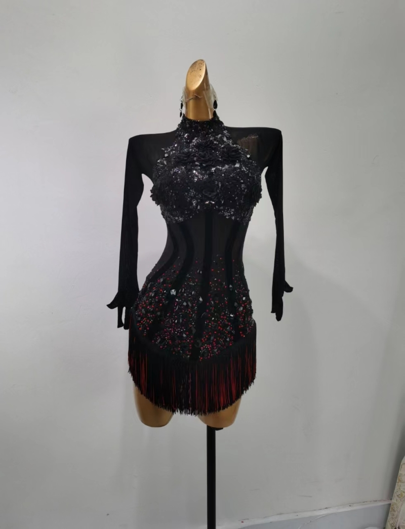 L0145A-front black Latin and Rhythm dance dress