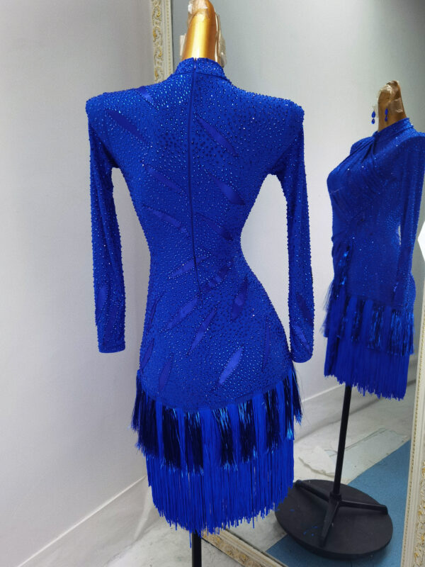 Royal blue Latin and Rhythm dance dress with fringe and crystals - Image 2