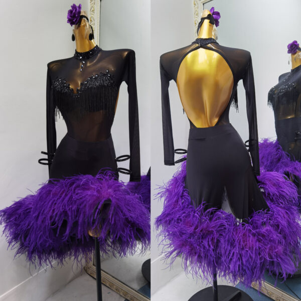 Black Latin and Rhythm dance dress with open back and purple feathers - Image 3