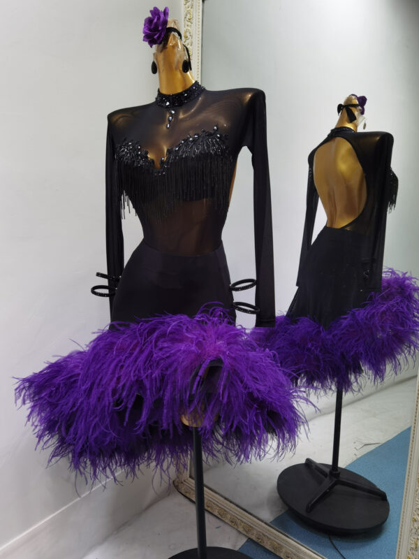 Black Latin and Rhythm dance dress with open back and purple feathers