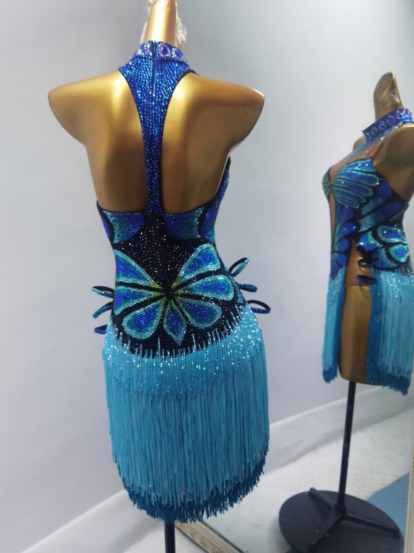 Blue Latin and Rhythm dance dress with crystal butterfly pattern and fringe - Image 3