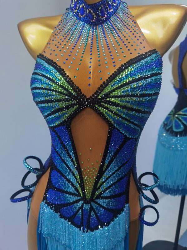 Blue Latin and Rhythm dance dress with crystal butterfly pattern and fringe - Image 2