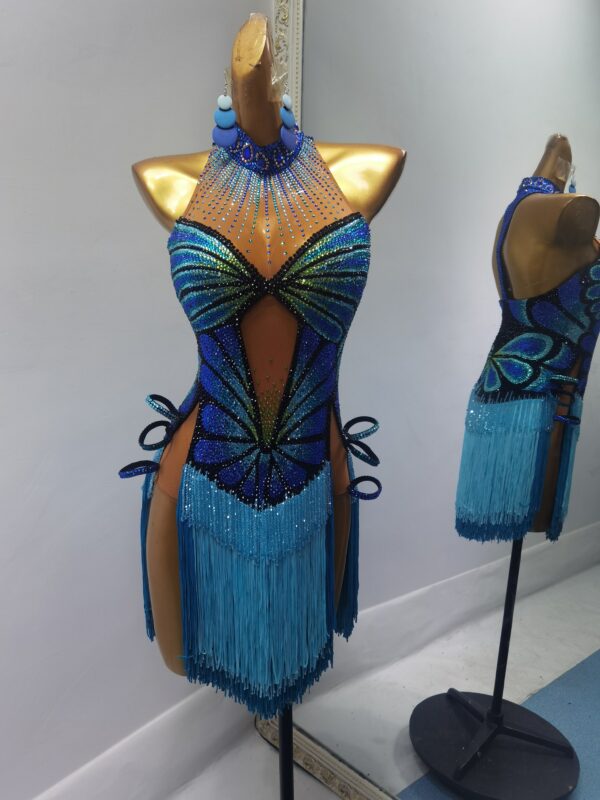 Blue Latin and Rhythm dance dress with crystal butterfly pattern and fringe