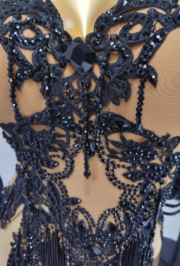 Nude Latin and Rhythm dance dress with black lace, fringe and beads. - Image 3
