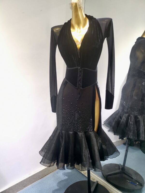 Black velvet Latin and Rhythm dance dress with slit, flared skirt, belt, and crystals