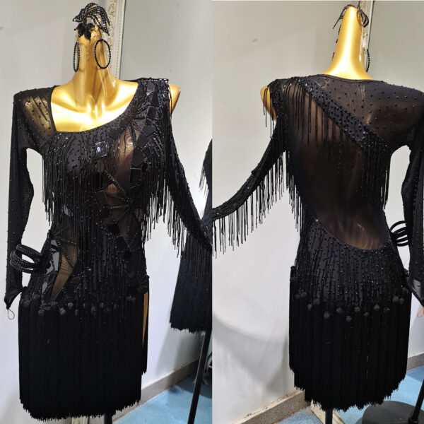 Black Latin and Rhythm dance dress with beaded fringe, and tassels - Image 3