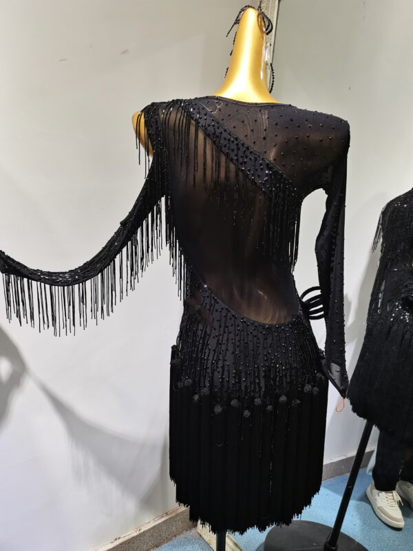 Black Latin and Rhythm dance dress with beaded fringe, and tassels - Image 2