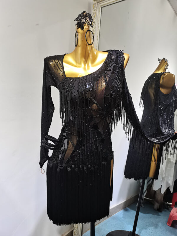 Black Latin and Rhythm dance dress with beaded fringe, and tassels