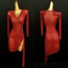 Red Latin and Rhythm dance dress with slit and crystals and beaded fringe - Image 3