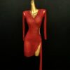 Red Latin and Rhythm dance dress with slit and crystals and beaded fringe