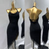 Black Latin and Rhythm dance dress with crystals and fringe with back straps - Image 3
