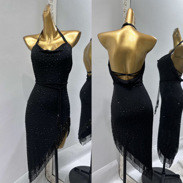 Black Latin and Rhythm dance dress with crystals and fringe with back straps - Image 3