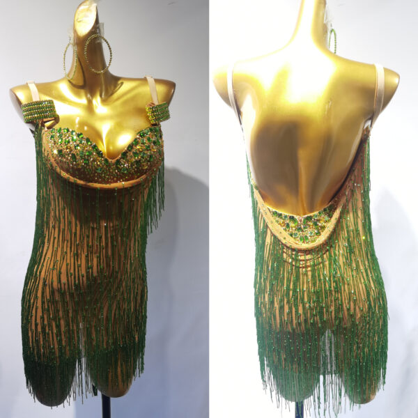 Green and pink Latin and Rhythm dance dress with nude base and beaded fringe and crystals - Image 3