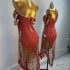 Red Latin and Rhythm dance dress with crystals, fringe and bracelets - Image 2