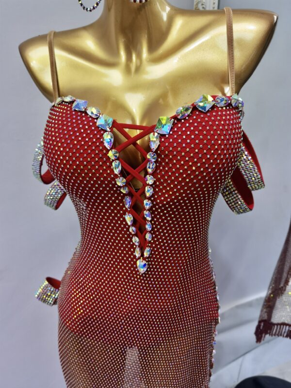 Red Latin and Rhythm dance dress with crystals, fringe and bracelets - Image 3