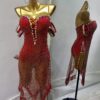 Red Latin and Rhythm dance dress with crystals, fringe and bracelets
