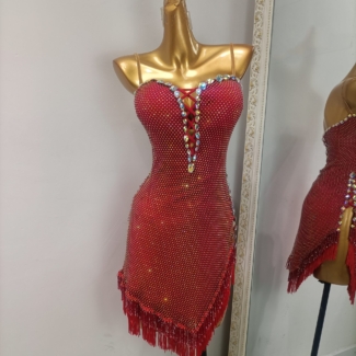 red latin dance dress with crystals and fringe