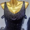 Black Latin and Rhythm dance dress with crystals, beaded fringe and slits - Image 3
