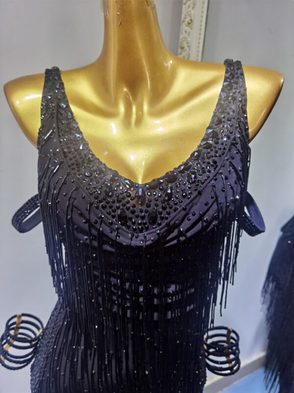 Black Latin and Rhythm dance dress with crystals, beaded fringe and slits - Image 3