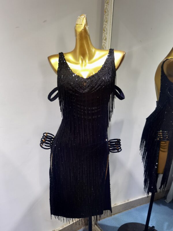 Black Latin and Rhythm dance dress with crystals, beaded fringe and slits