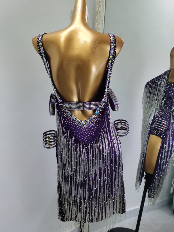 Dark purple Latin and Rhythm dance dress with crystals, beaded fringe and slits - Image 2